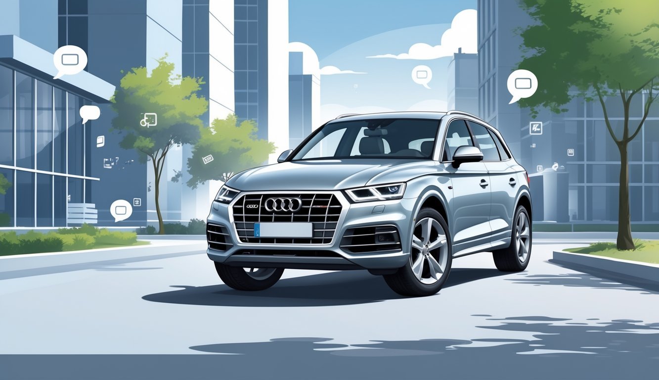 Audi Q5 parkiran u modernom gradskom okruženju s ikonama koje simboliziraju korisnička iskustva i recenzije.
