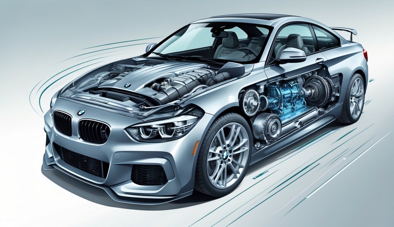 Prikaz motora, performansi i mjenjača BMW 116i s vidljivim unutarnjim dijelovima motora i prijenosa.