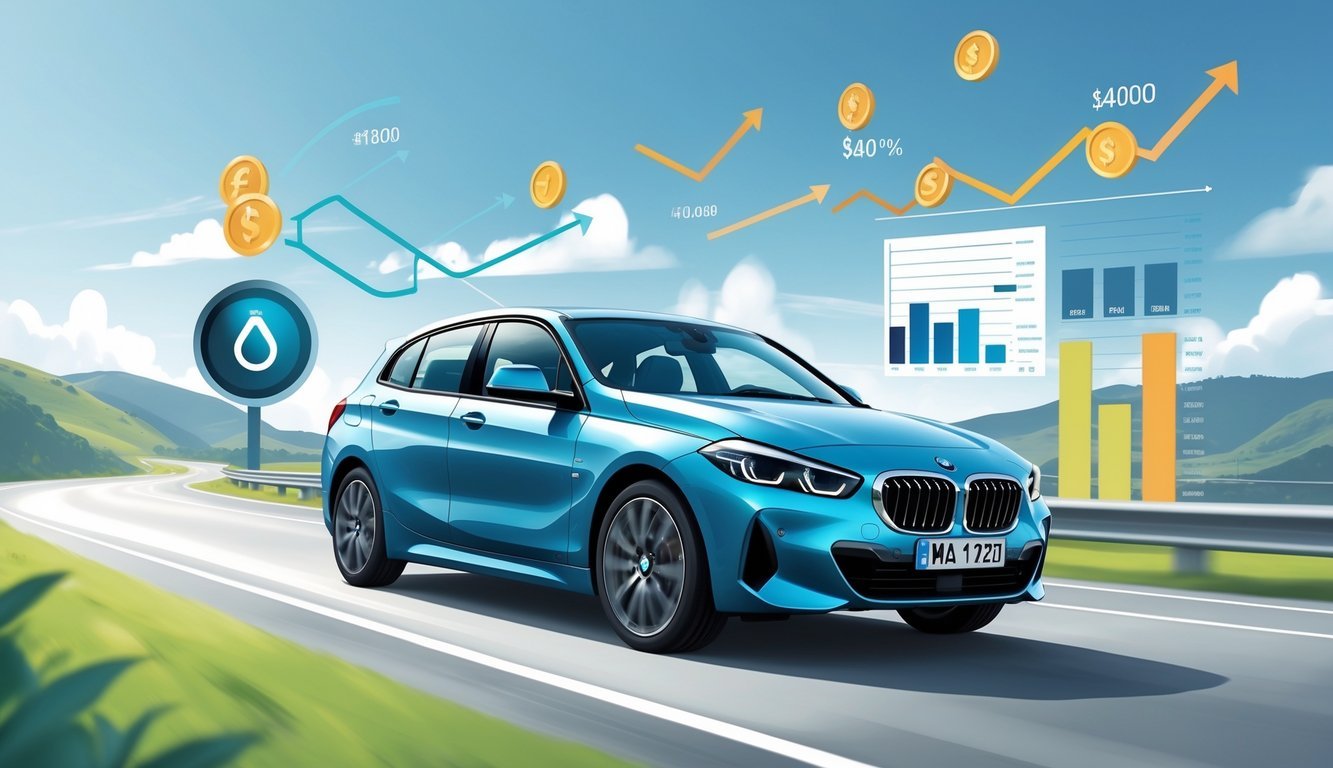 BMW 118d na cesti s prikazom simbola za potrošnju goriva i troškove vožnje.