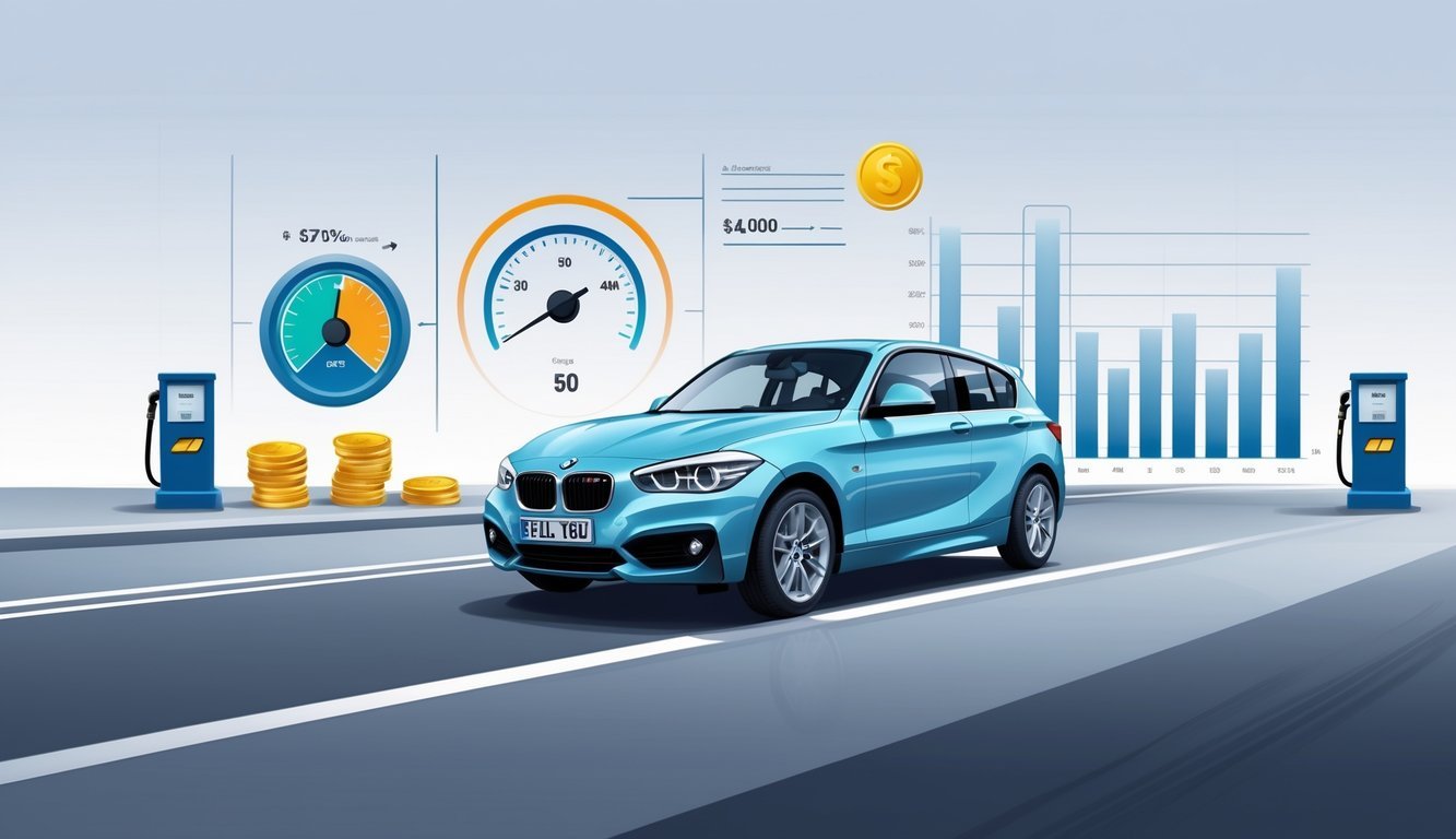 BMW 116i na cesti s prikazom simbola za potrošnju goriva i troškove vožnje.