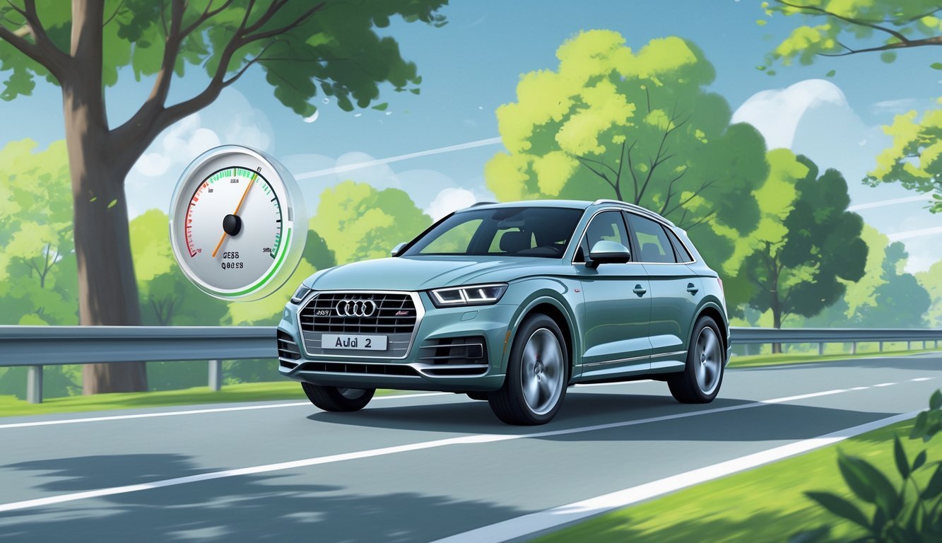 Audi Q5 vozi autocestom okruženom zelenim drvećem, s prikazom simbola za potrošnju goriva i troškove vožnje.
