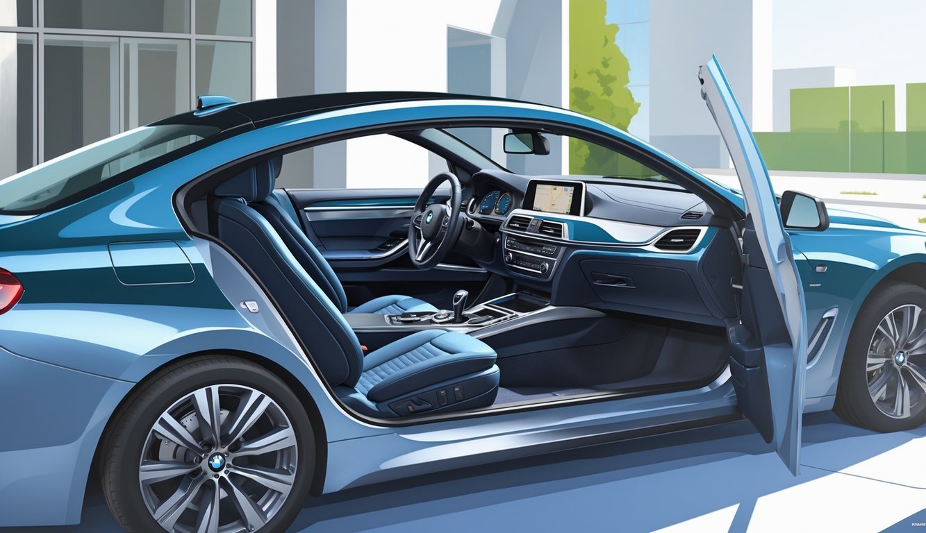 Prikaz BMW 118d s otvorenim vratima koji pokazuje udobnu i prostranu unutrašnjost automobila u modernom gradskom okruženju.