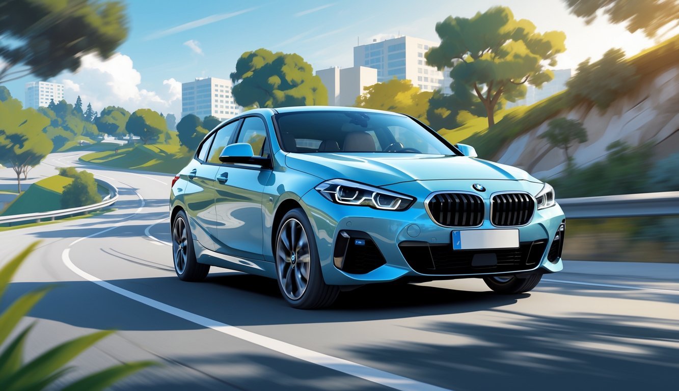 BMW 116i na vijugavoj cesti okružen drvećem i zgradama, prikazan u pokretu koji naglašava njegovu upravljivost i ovjes.