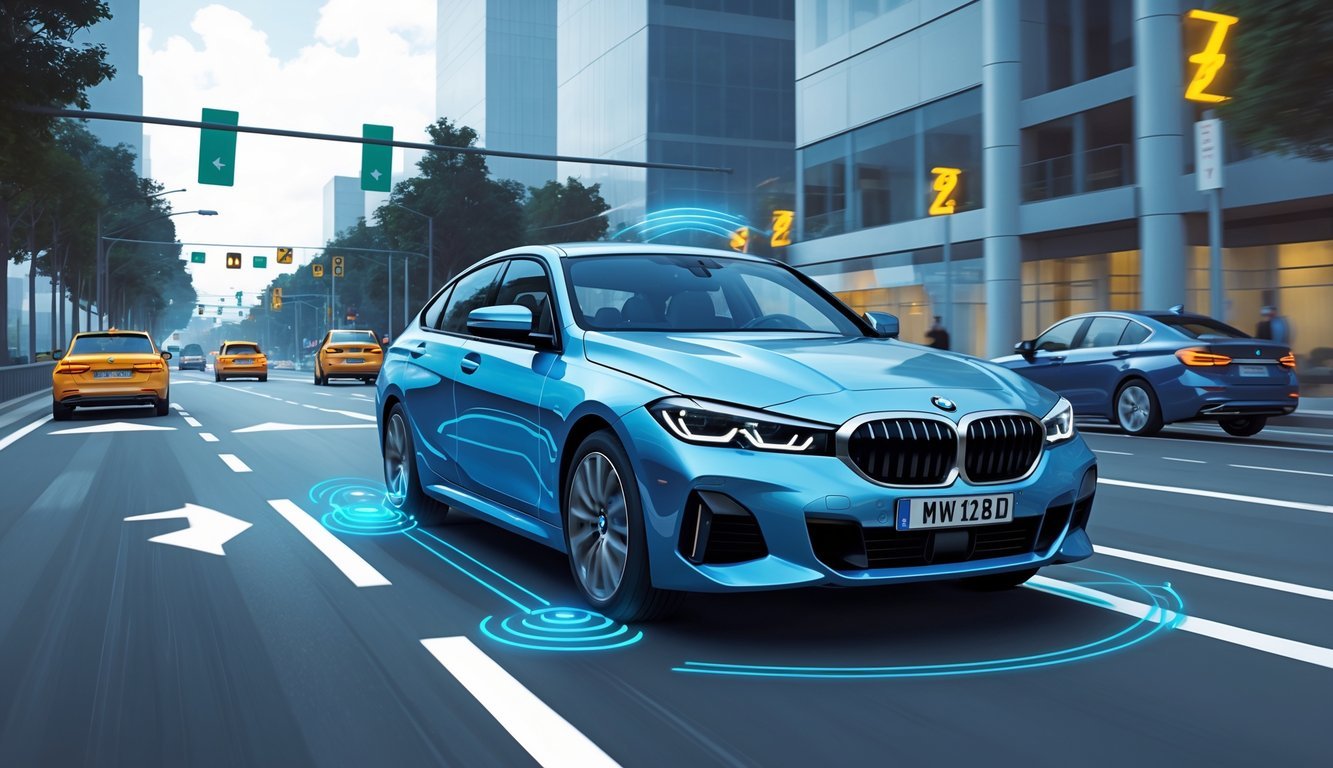 BMW 118d automobil na cesti s prikazom sigurnosnih i pomoćnih sustava vozaču.