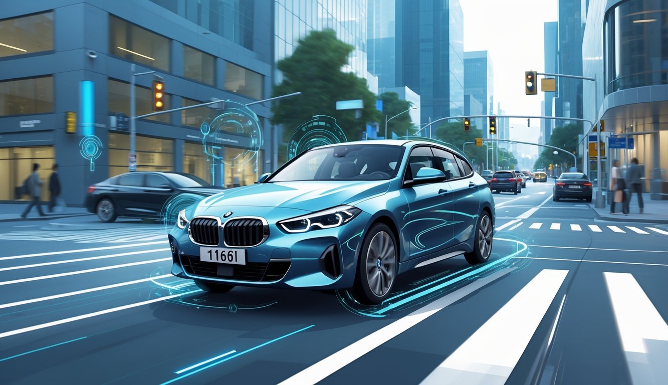 BMW 116i automobil na gradskom putu s prikazom aktivnih sigurnosnih sustava i pomoći vozaču.