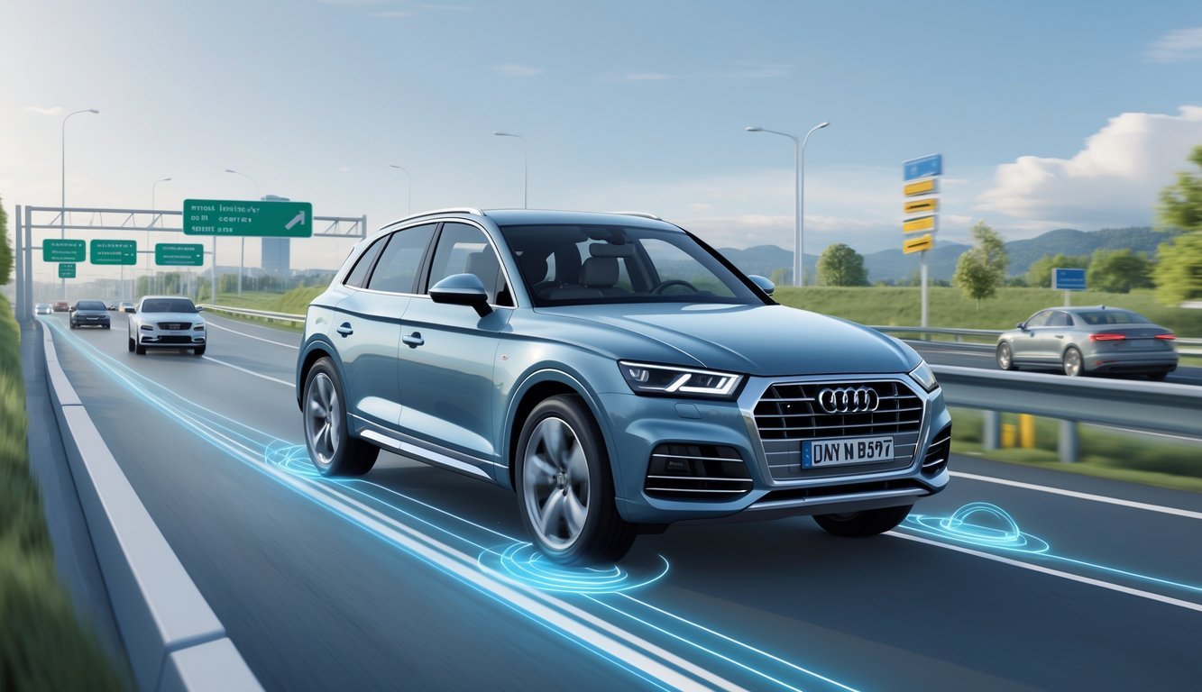Audi Q5 na autocesti s istaknutim sustavima sigurnosti i pomoći vozaču.