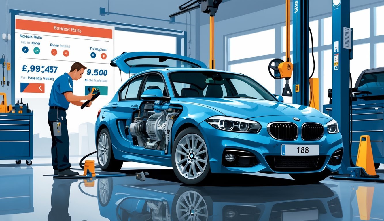 BMW 118d automobil u radionici dok mehaničar pregledava motor, s prikazom dijelova vozila i simbolima koji označavaju pouzdanost i troškove servisa.