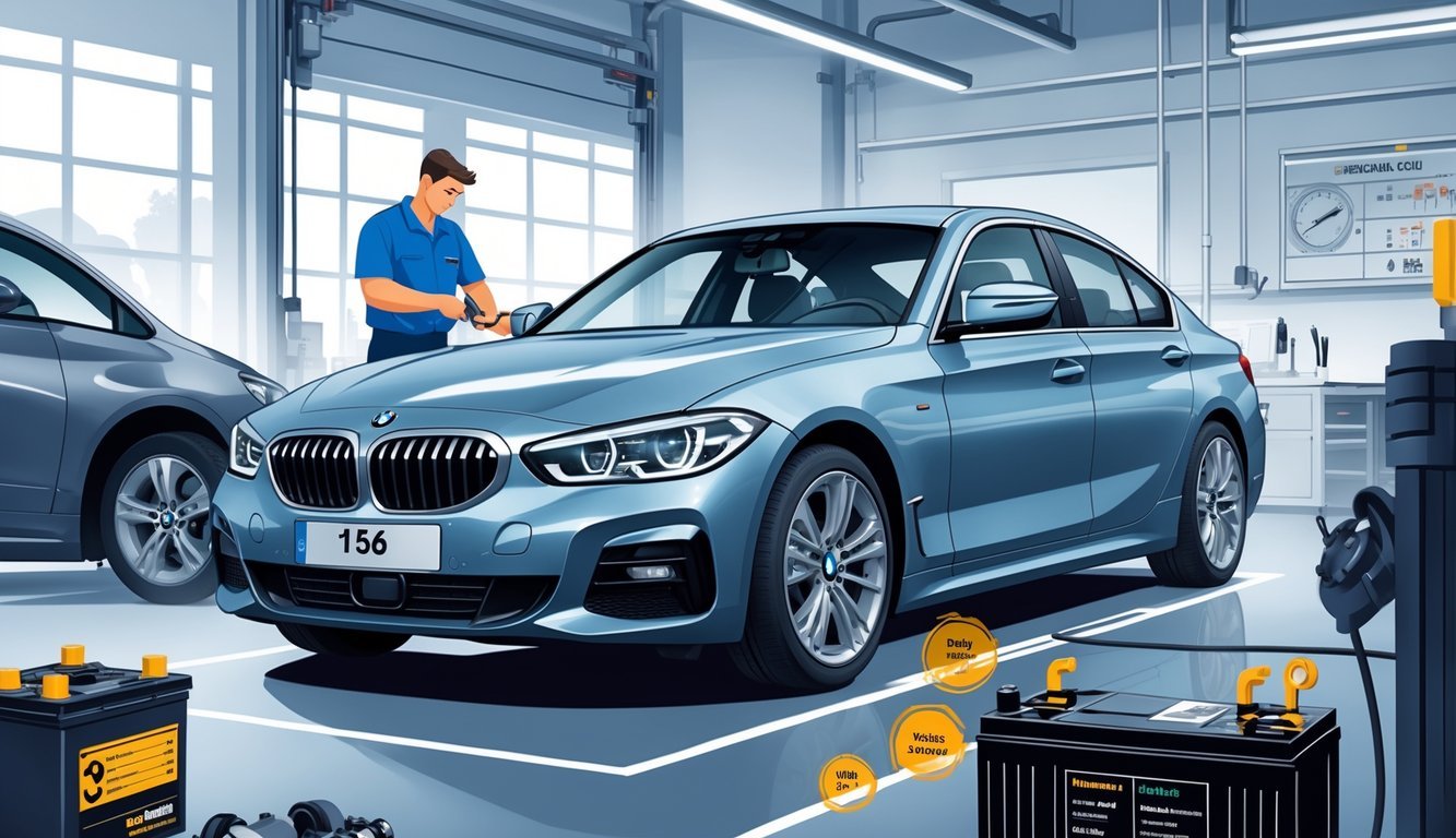 BMW 116i automobil u automehaničarskoj radionici dok mehaničar pregledava motor i dijagnostičke uređaje.