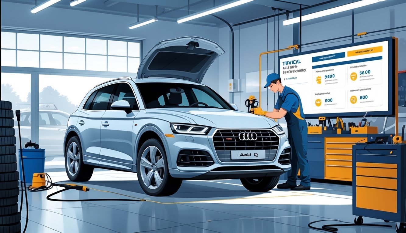 Audi Q5 parkiran u autoservisu dok mehaničar pregledava motor, okružen alatima i opremom za servis.
