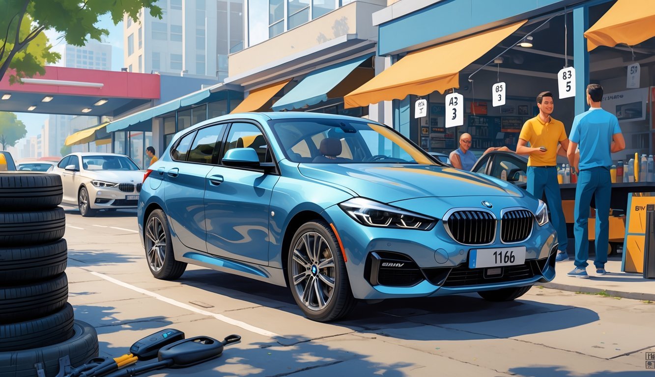 BMW 116i automobil parkiran u gradskom okruženju s ljudima koji razgovaraju i opremom za automobile u blizini.