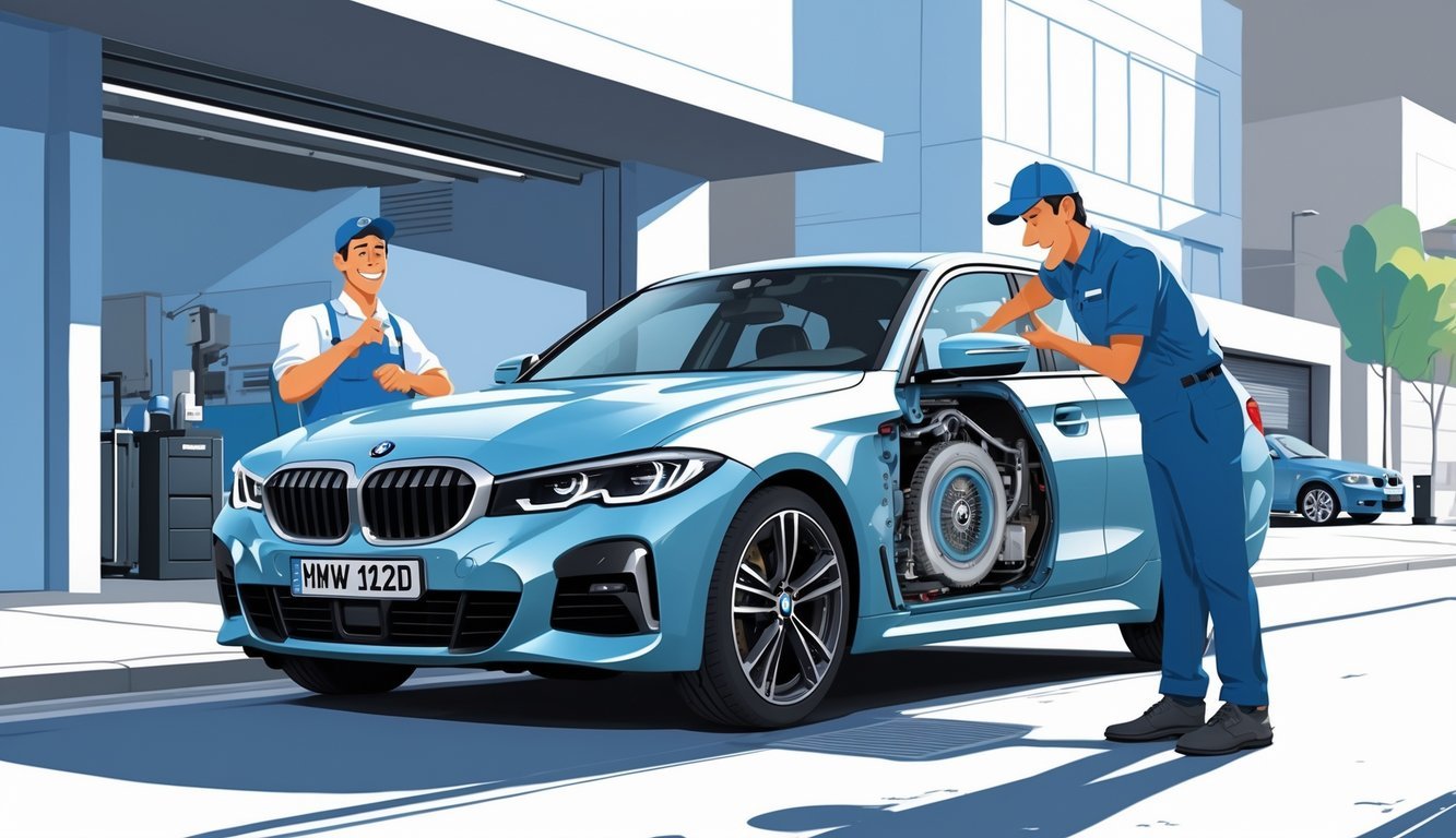 BMW 118d parkiran na gradskoj ulici dok vozač i mehaničar razgovaraju o stanju automobila.