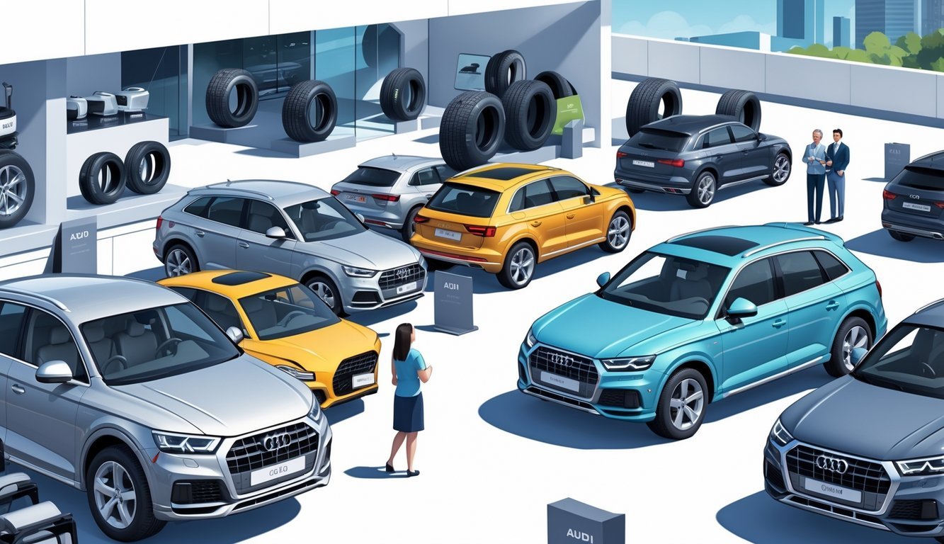 Prikaz parkiranih Audi Q5 automobila u prodajnom prostoru s ljudima koji pregledavaju vozila i opremu.