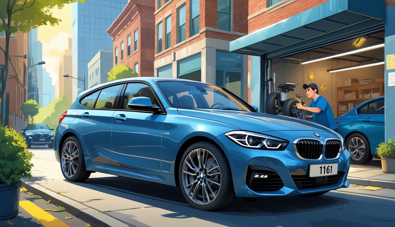 BMW 116i parkiran na gradskoj ulici s prikazom prednosti i mana kroz sunčane i problematične detalje te mehaničar koji pregledava automobil.