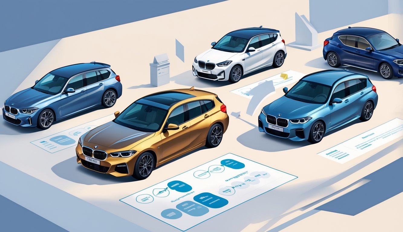 Prikaz nekoliko kompaktnih luksuznih hatchback automobila, uključujući BMW 118d i alternativne modele, postavljenih jedan pored drugog radi usporedbe.