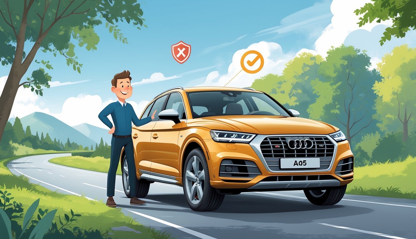 Audi Q5 parkiran na cesti u prirodi, vozač stoji pored automobila i razmišlja.