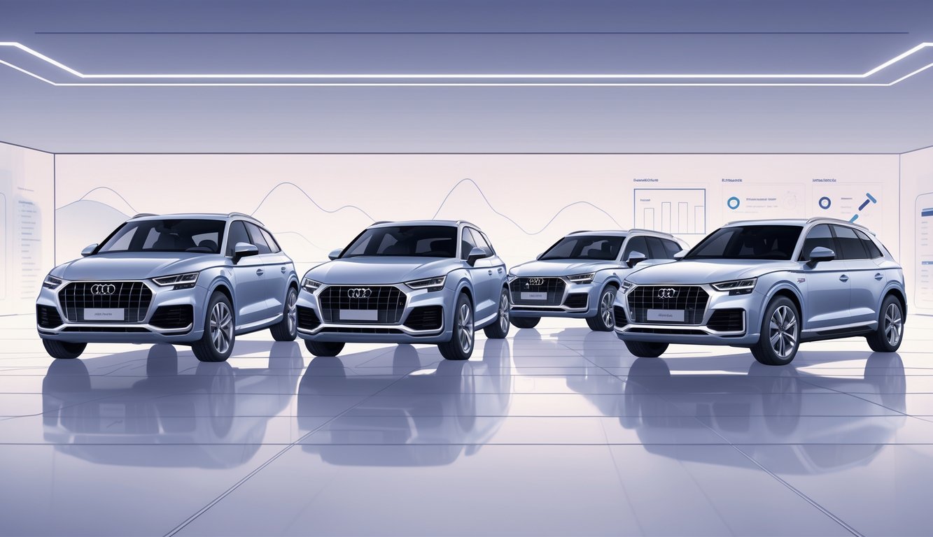 Prikaz nekoliko SUV vozila postavljenih uz bok, uključujući Audi Q5 i alternativne modele, u suvremenom izložbenom prostoru.