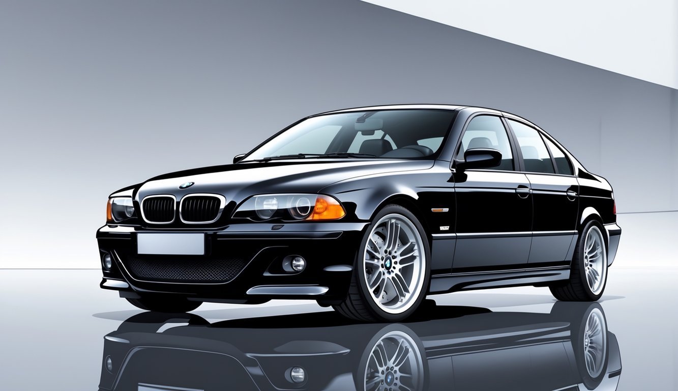 Crni BMW E60 prikazan iz kuta sprijeda i sa strane na reflektirajućoj površini.