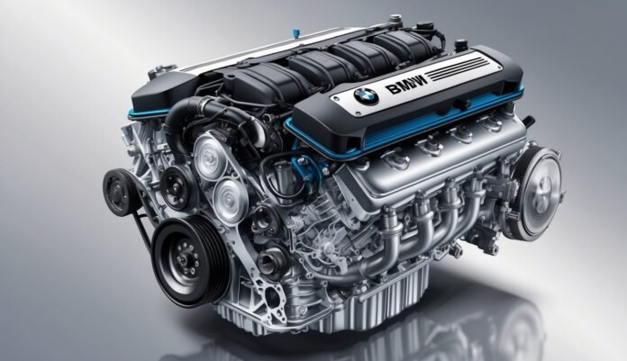 Prikaz detaljnog BMW B47 motora s istaknutim unutarnjim dijelovima.