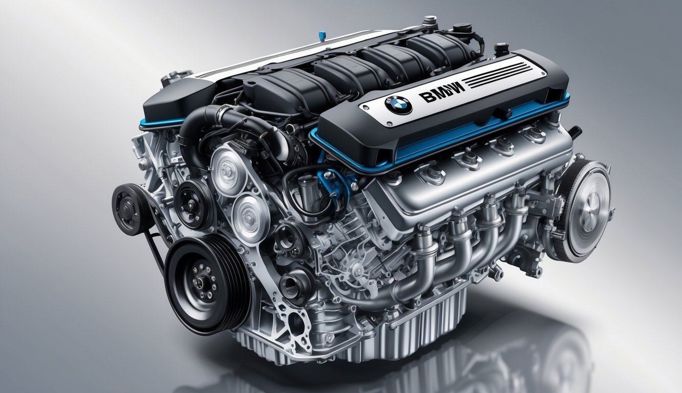 Prikaz detaljnog BMW B47 motora s istaknutim unutarnjim dijelovima.