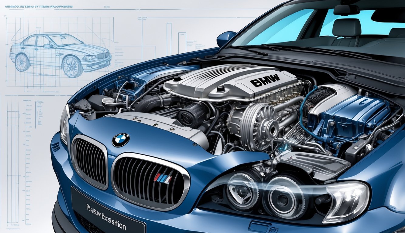 Ilustracija motora i mjenjača BMW E60 s prikazom unutarnjih dijelova i mehaničkih komponenti.