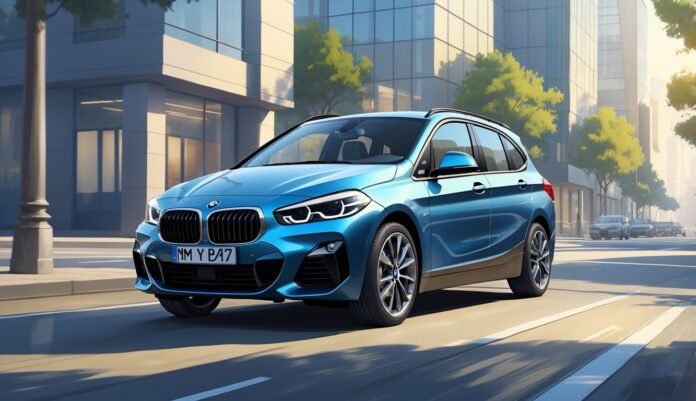 Plavi BMW 2 Series Active Tourer parkiran na gradskoj ulici s modernim zgradama u pozadini.
