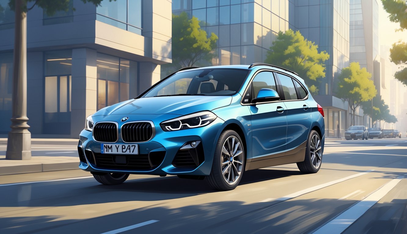 Plavi BMW 2 Series Active Tourer parkiran na gradskoj ulici s modernim zgradama u pozadini.