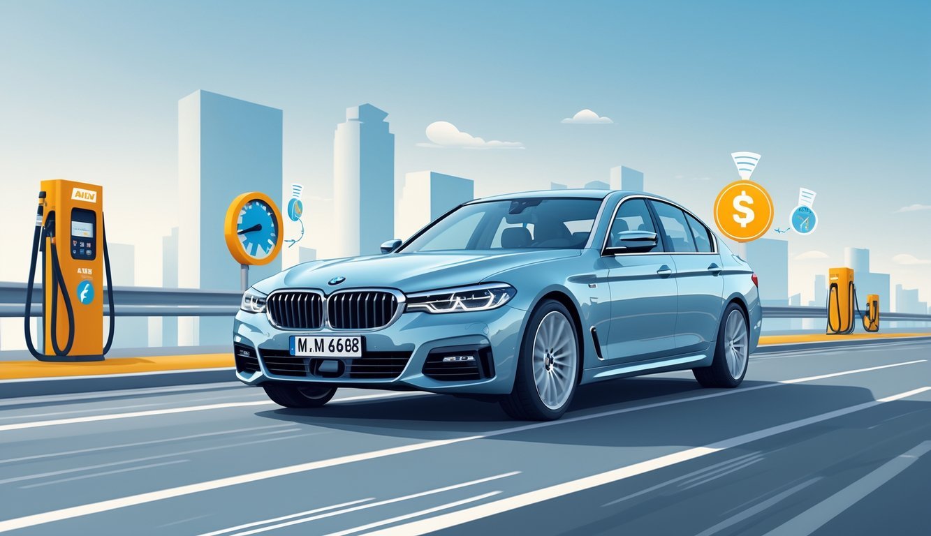 BMW E60 automobil na cesti s ikonama koje prikazuju potrošnju goriva i troškove vožnje.