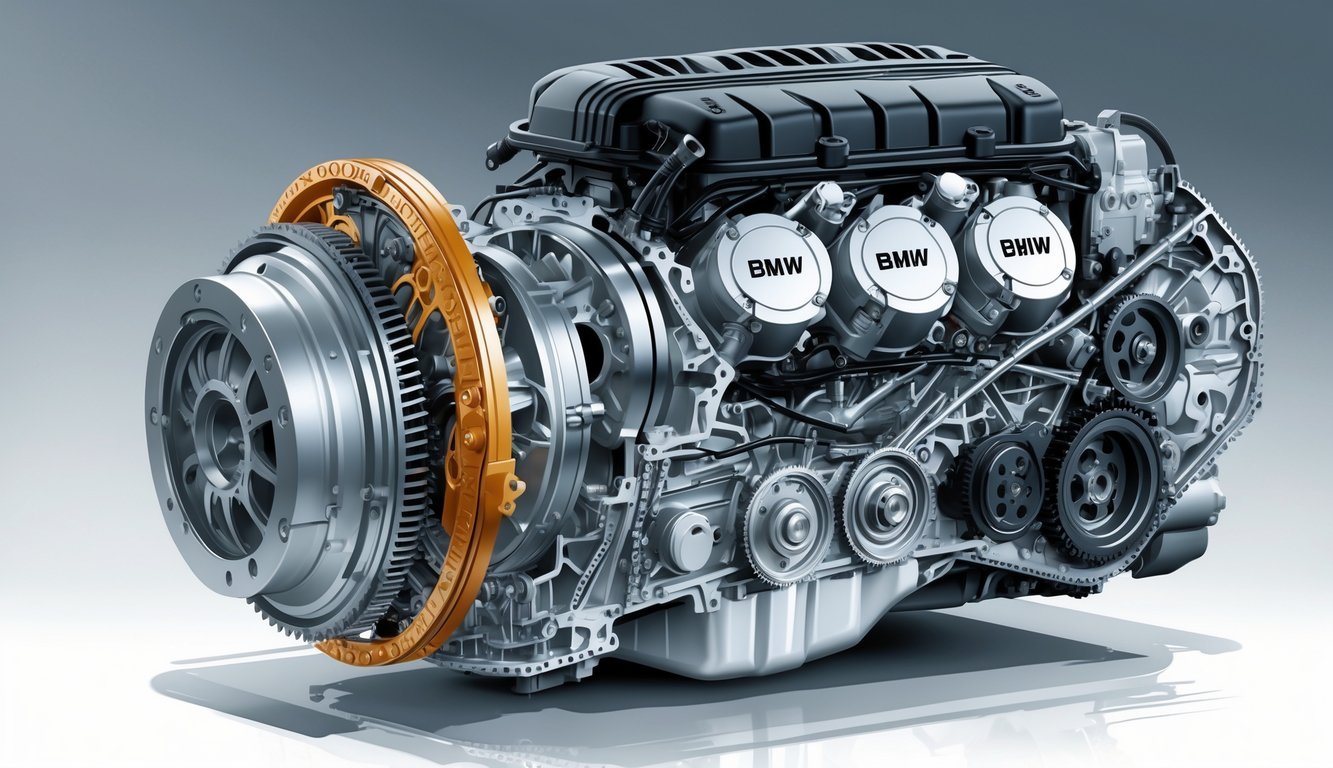 Prikaz unutarnjih dijelova BMW B47 motora i mjenjača s vidljivim ključnim komponentama.