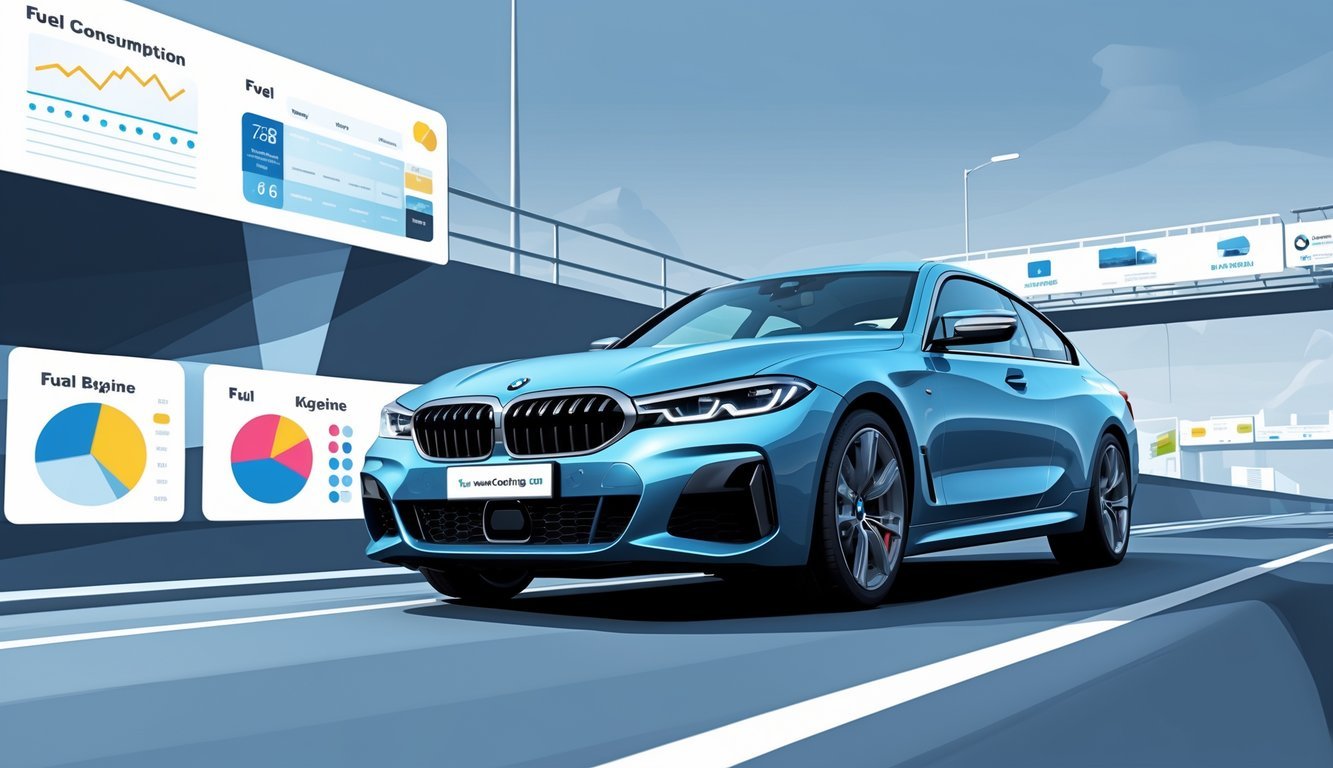 BMW automobil na cesti s prikazom elemenata koji simboliziraju potrošnju goriva i ukupne troškove vožnje.