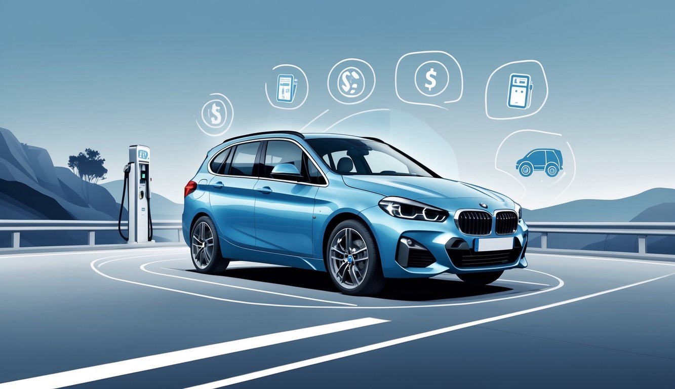 BMW 2 Active Tourer na cesti s ikonama goriva i troškova vožnje u pozadini.