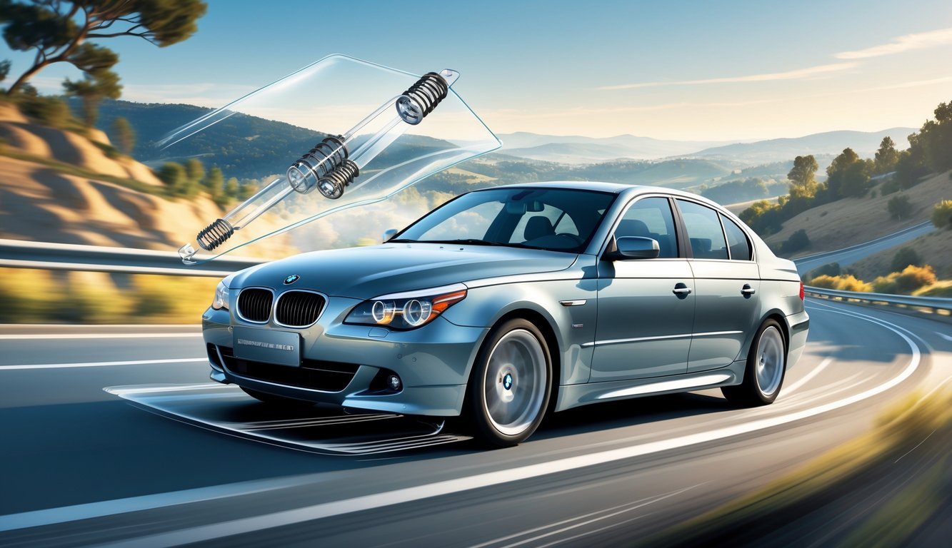 BMW E60 automobil na zavojitoj cesti s prikazom ovjesa i vožnje u prirodnom okruženju.