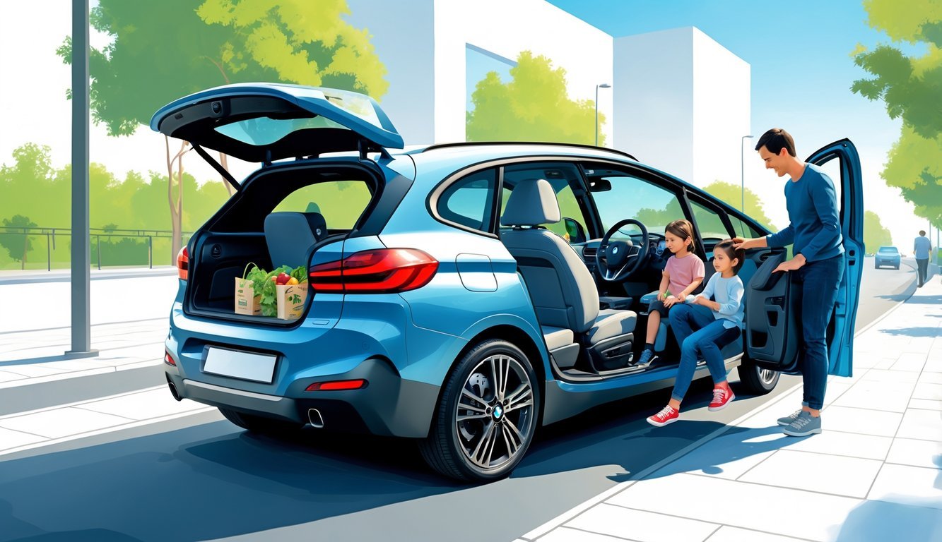 BMW 2 Active Tourer s otvorenim vratima pokazuje prostrani i udobni unutarnji prostor s obitelji koja koristi automobil u gradskom okruženju.