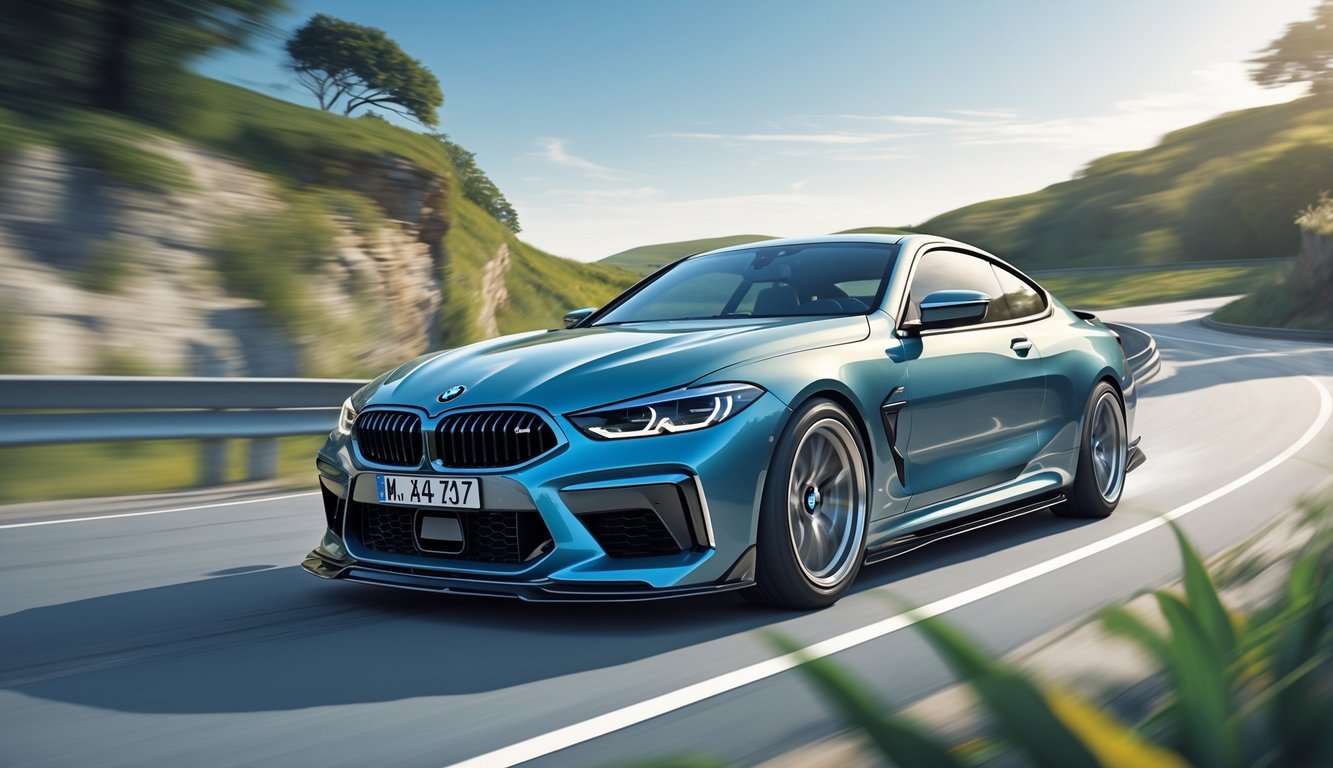 Automobil marke BMW u vožnji na zavojitoj cesti s naglaskom na kotače i ovjes.