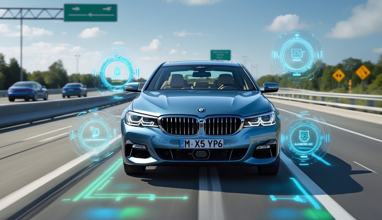 BMW E60 na cesti s prikazom sigurnosnih i pomoćnih sustava vozaču kroz digitalne ikone oko vozila.