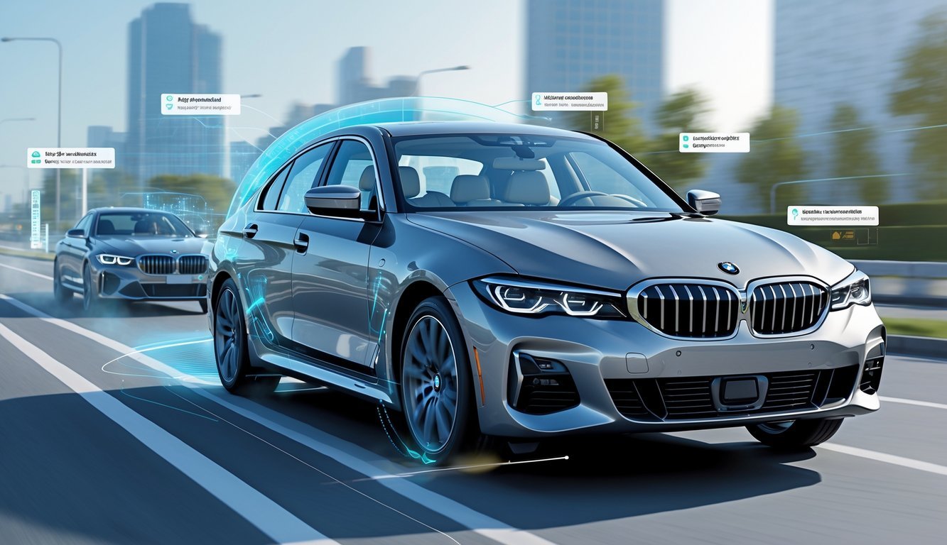 BMW automobil na cesti s prikazom sigurnosnih i pomoćnih sustava za vozača.