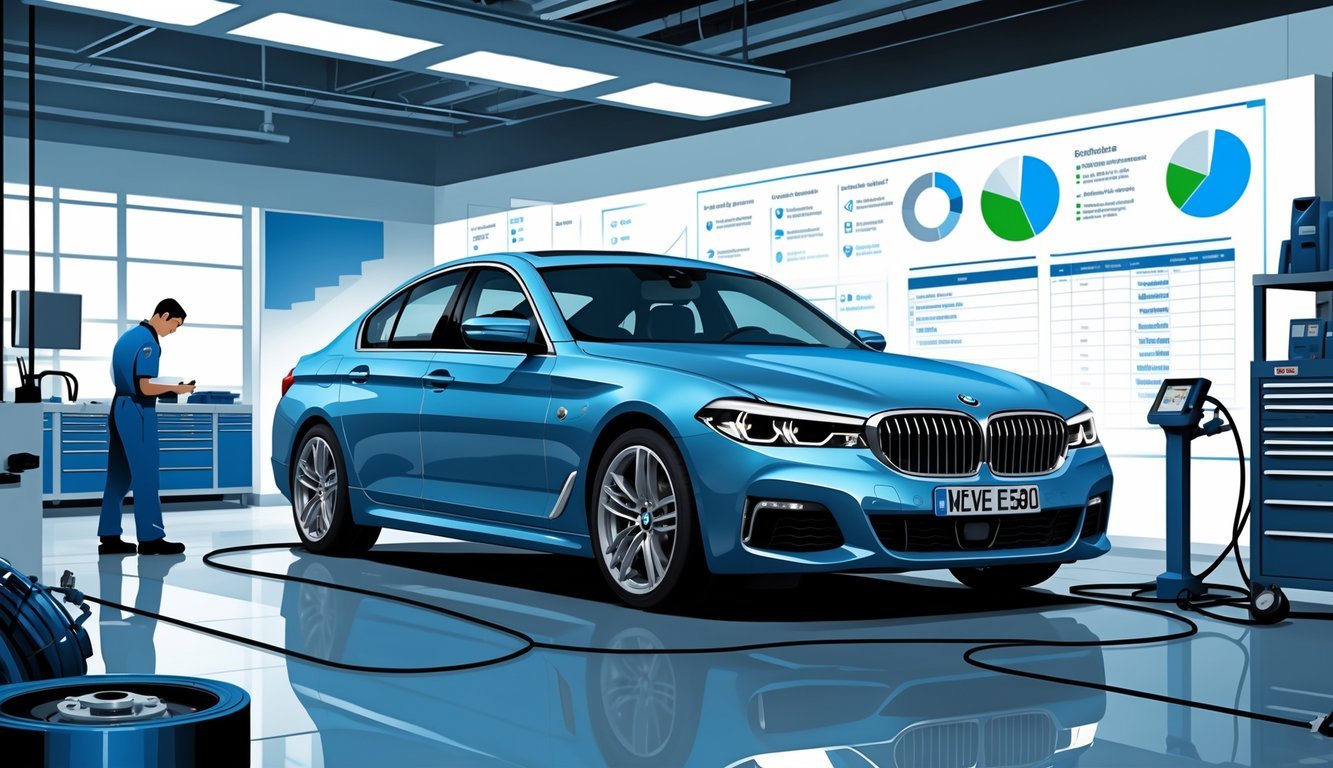 BMW E60 u radionici s mehaničarom koji pregledava automobil i prikazom dijelova automobila i simbola koji sugeriraju kvarove i troškove servisa.