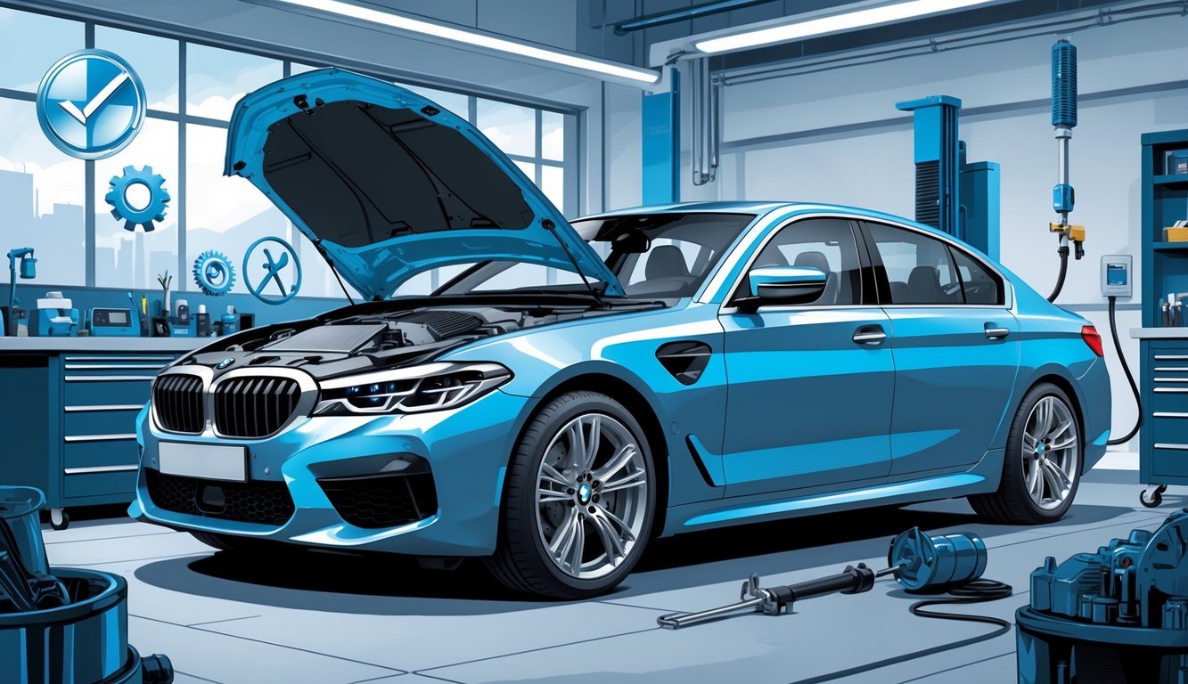 Automobil BMW s otvorenim poklopcem motora koji prikazuje motor B47, okružen simbolima pouzdanosti, uobičajenih kvarova i troškova servisa u radionici.