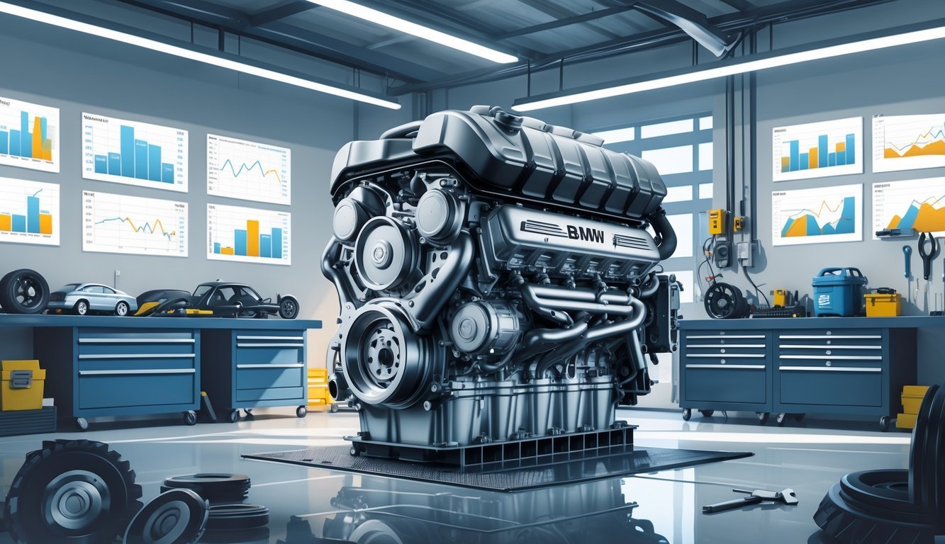 Prikaz motora BMW B47 okruženog automobilskim dijelovima i alatima u suvremenoj radionici s prikazom grafikona u pozadini.