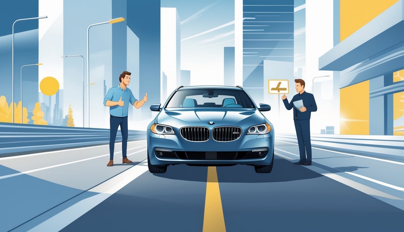 BMW E60 automobil u gradskom okruženju s prikazom pozitivnih i negativnih iskustava vlasnika.