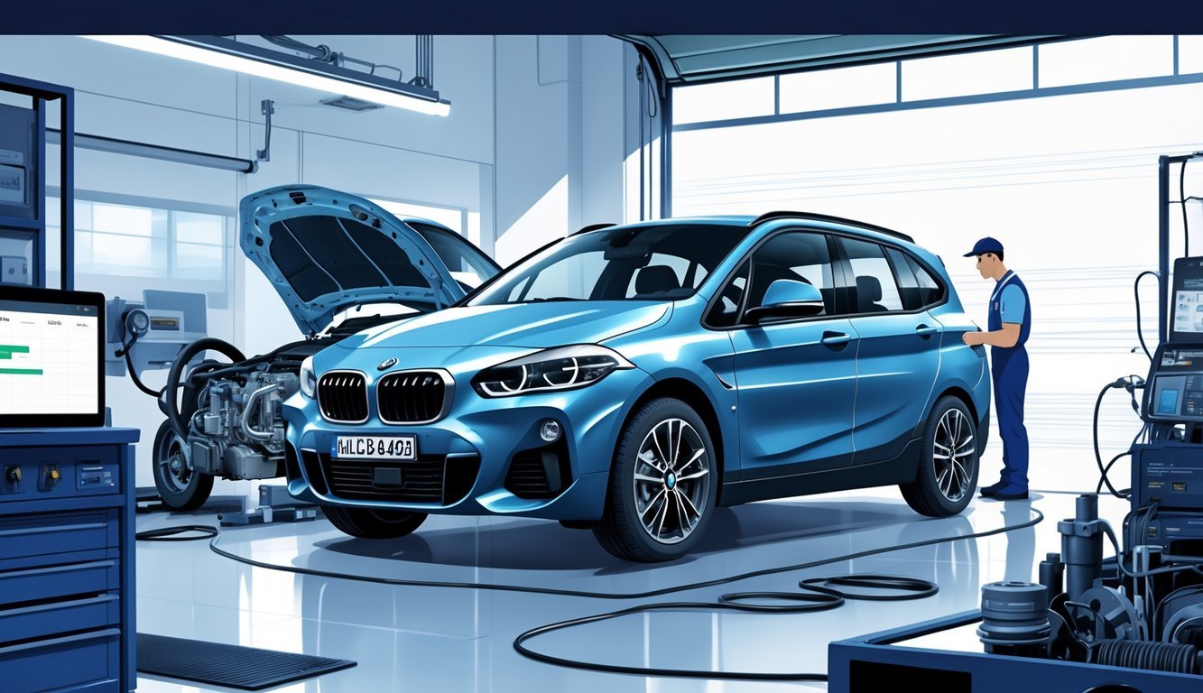 BMW 2 Active Tourer u autoservisu s mehaničarom koji pregledava automobil i dijagramima tipičnih kvarova i troškova servisa.