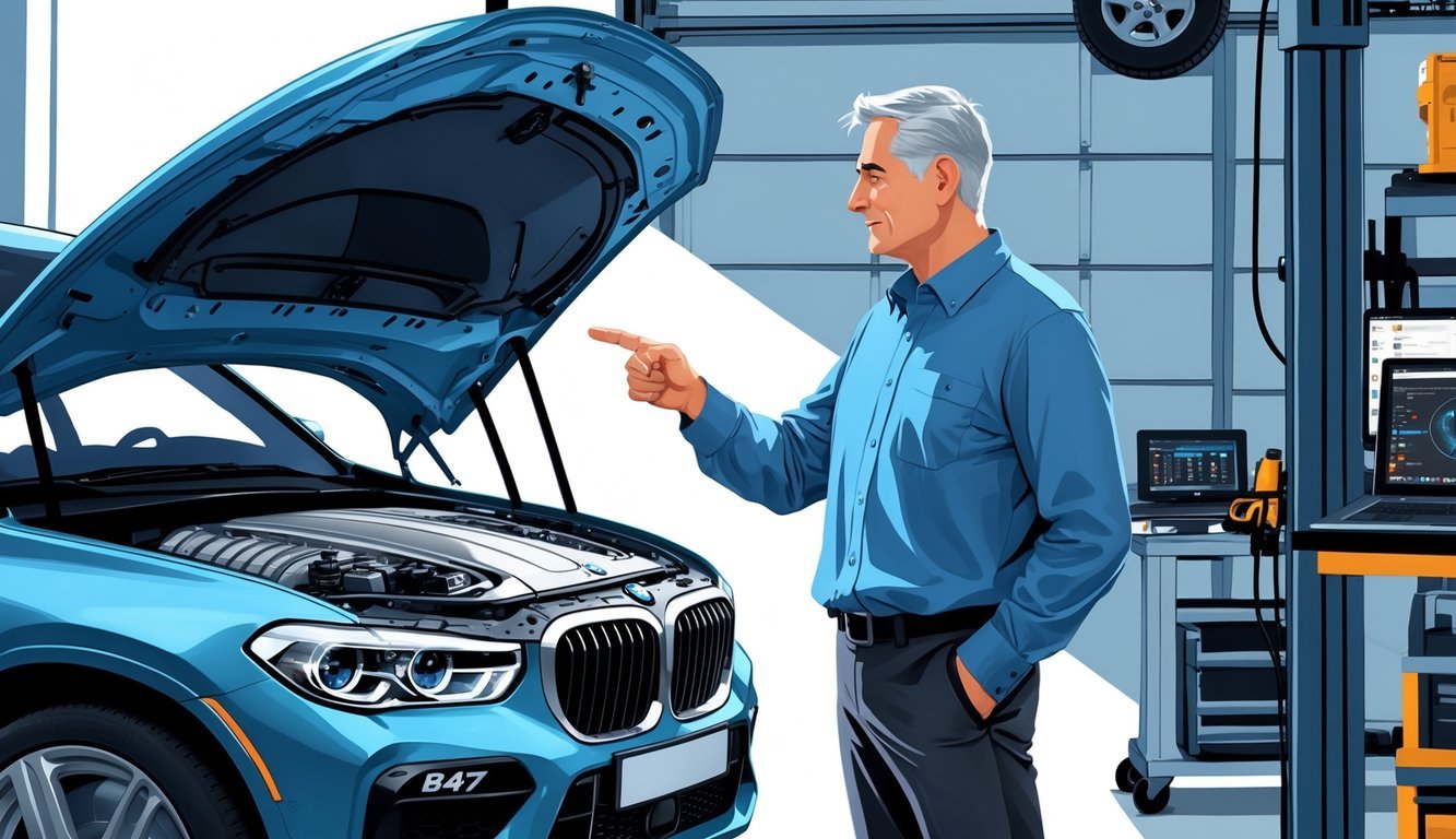 Osoba stoji kraj BMW automobila s otvorenim haubom u garaži, pregledavajući motor.