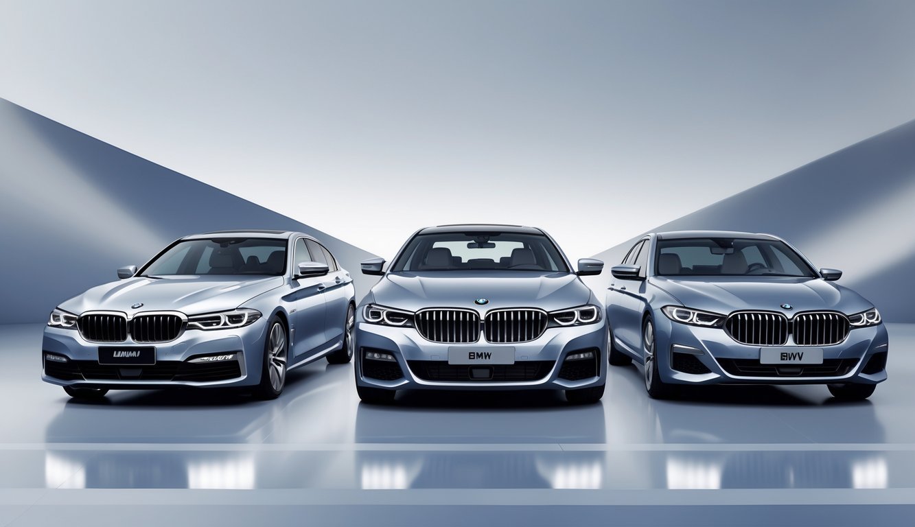 Tri moderna automobila postavljena jedan pored drugog radi usporedbe, s BMW-om E60 u sredini i dva konkurentska modela sa strane.