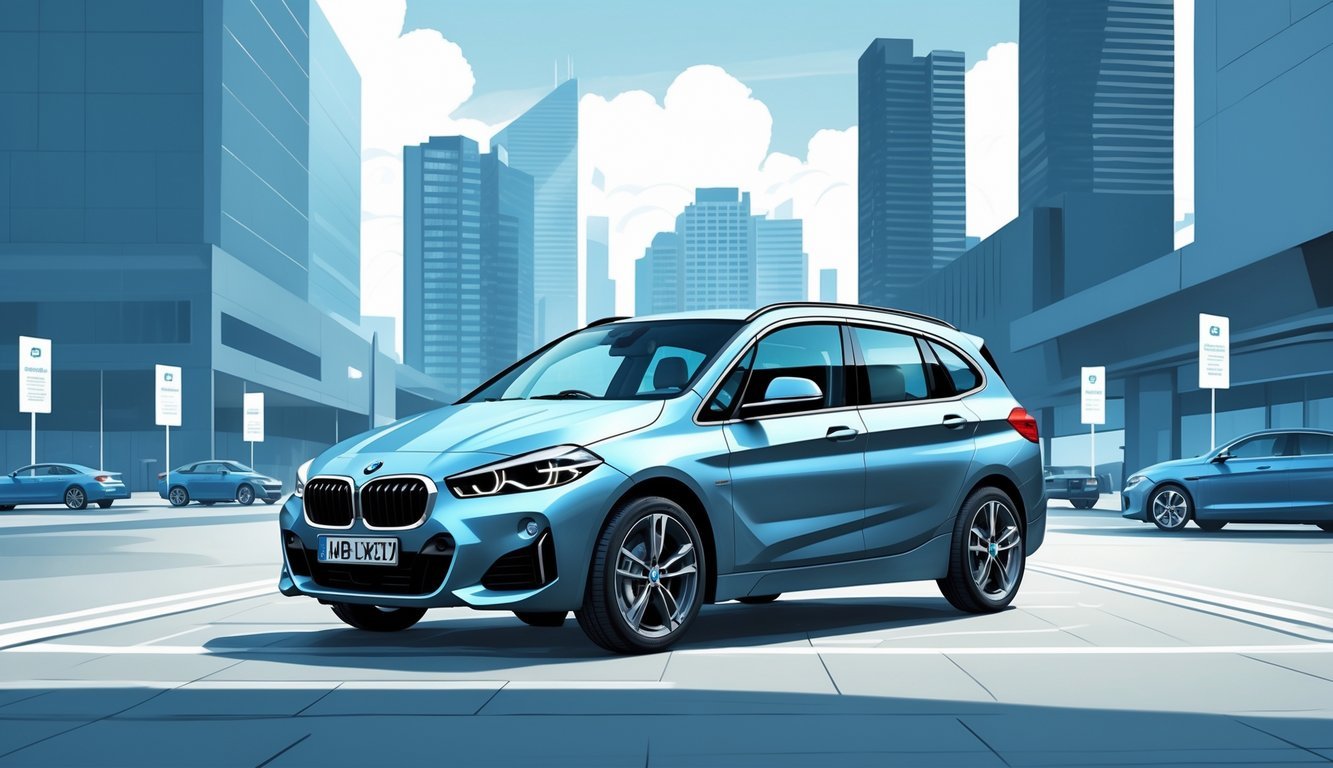 BMW 2 Active Tourer parkiran u urbanom okruženju s grafičkim prikazima cijena, opreme i tržišnih trendova.