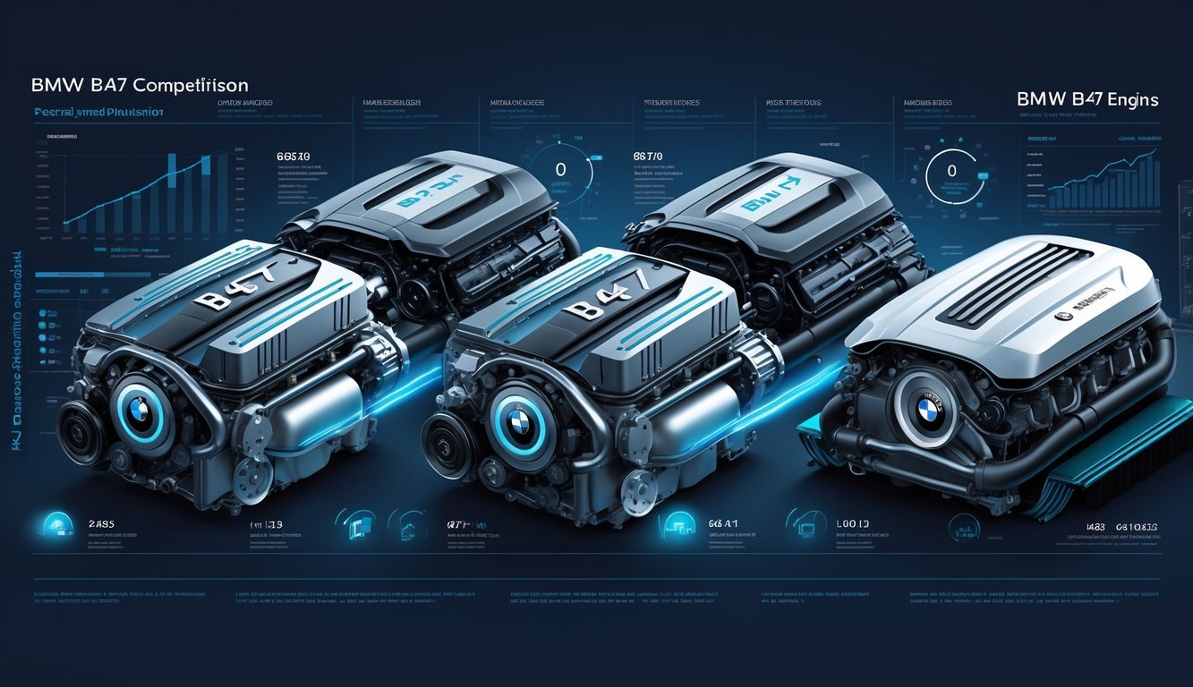 Ilustracija koja prikazuje usporedbu različitih modela automobilskih motora, s naglaskom na BMW B47 i njegove alternative.