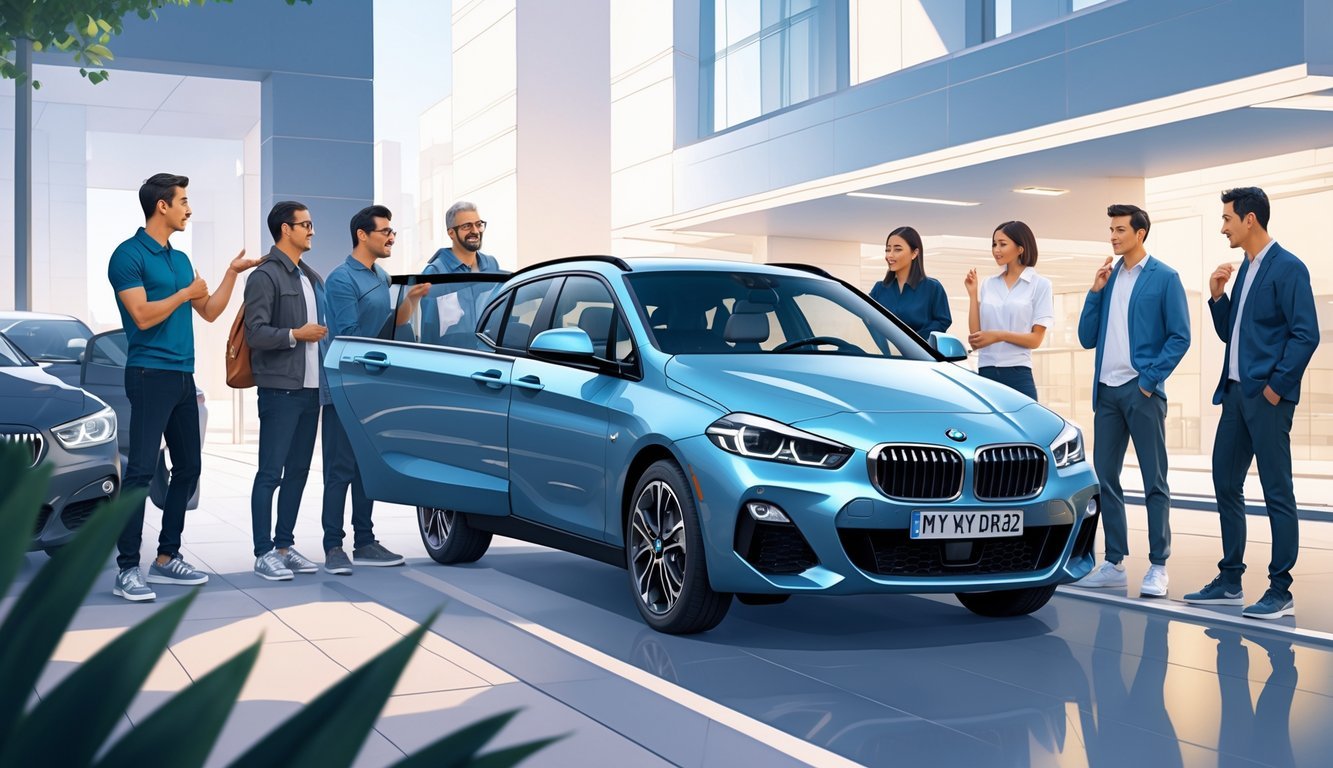 Grupa ljudi okupljena oko BMW 2 Active Tourer automobila u urbanom okruženju, razgovaraju i razmjenjuju iskustva.