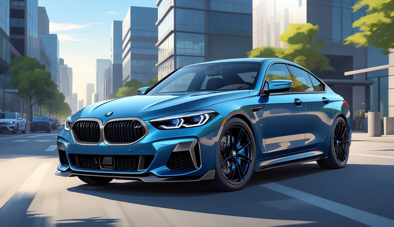 BMW Serija 1 automobil parkiran na gradskoj ulici s modernim zgradama u pozadini.