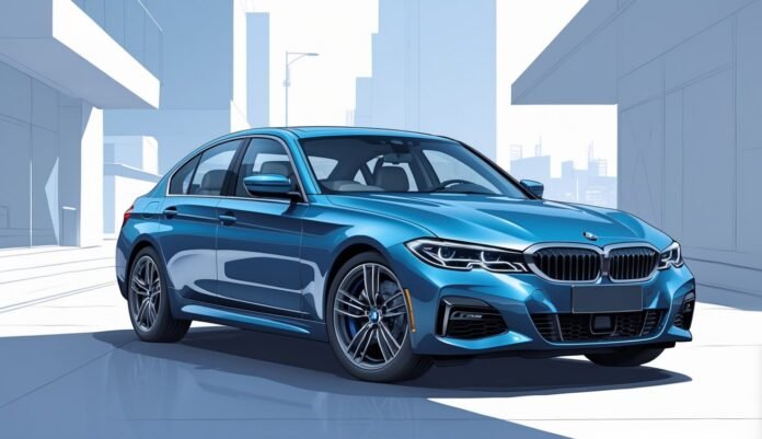 Plavi BMW F30 parkiran na gradskoj ulici s modernom arhitekturom u pozadini.