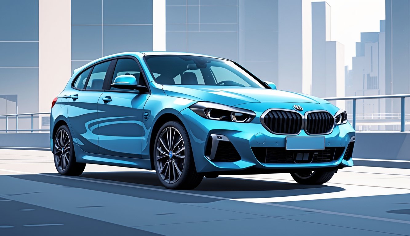 BMW serija 1 parkiran u urbanom okruženju s modernim zgradama u pozadini.