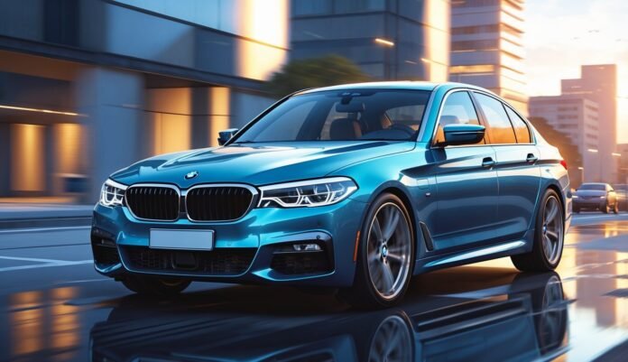 Plavi BMW E90 automobil parkiran u urbanom okruženju s modernim zgradama u pozadini tijekom zalaska sunca.