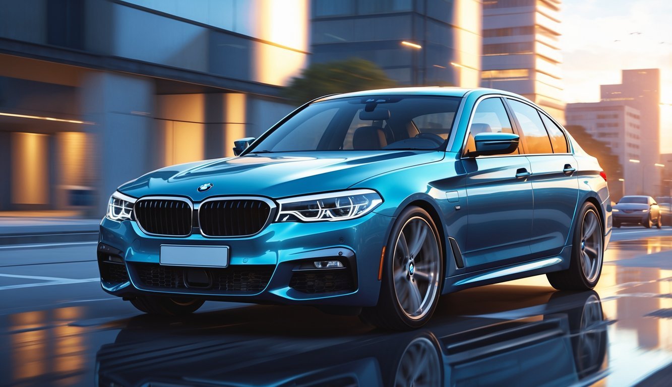 Plavi BMW E90 automobil parkiran u urbanom okruženju s modernim zgradama u pozadini tijekom zalaska sunca.